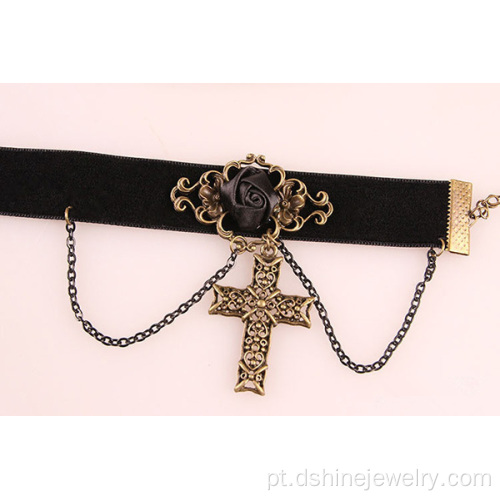 Tornozeleira de laço de veludo preto com cruz pingente pulseira bracelete